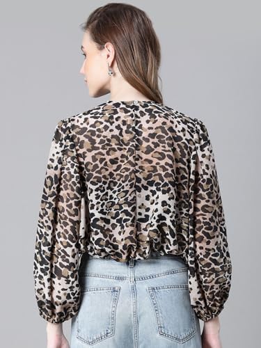 Image of oxolloxo Women Animal Print Round Neck Long Sleeve Elasticated Tie-Up Crop Top