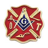 Firefighter Working Tools Square & Compass Masonic Lapel Pin - [Red & Gold][3/4'' Tall]