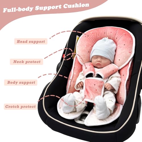 Image of Infant Car Seat Insert, Soft Baby Car Seat Head Body for Girl Boy, Reversible Baby Carriage Pad with Strap Covers Fit Car Seat, Stroller, Bouncer, Pink Star