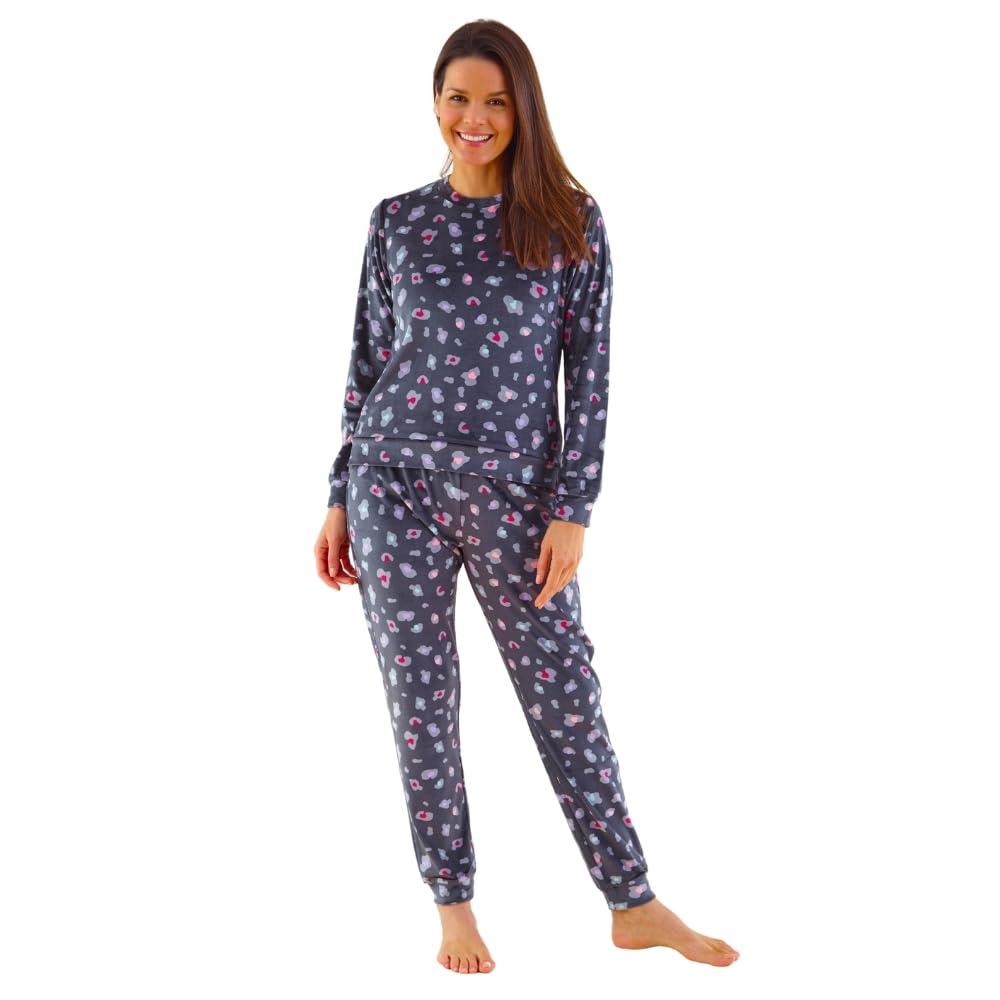 Love to Sleep Women's Velour Pyjamas Sets Cosy Super Soft Luxury Gift UK Seller - Black Leopard - Size 12/14