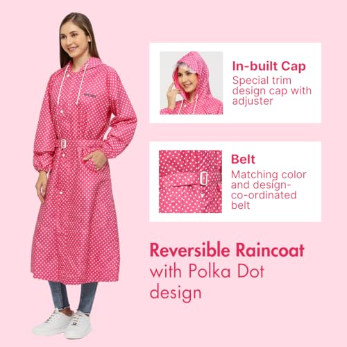 Image of Citizen Polyester Reversible Casual Style Raincoat For Women With Inbuilt Hood,Waist Belt & Matching Carry Pouch|Stylish Polka Dot Design|Durable & Lightweight Rainsuit With High Tearing Strength