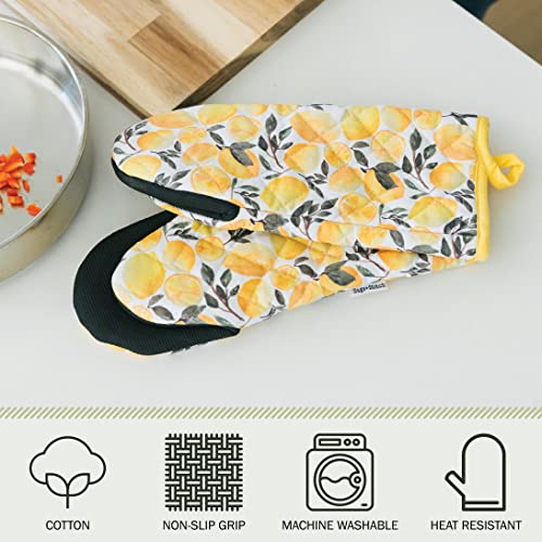 Sage+Stitch Heat Resistant Designer Kitchen Oven Mitts With Neoprene Non-Slip Grips And Hanging Loops | Set Of 2 100% Cotton Long Sleeve Kitchen Oven Mitts | 5.5" X 12" | Yellow Lemons #TOP2