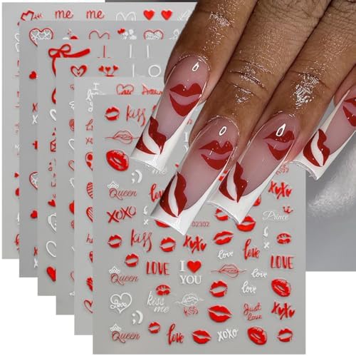 Valentine's Day Nail Art Stickers Heart Nail Stickers 6PCS Red Li...