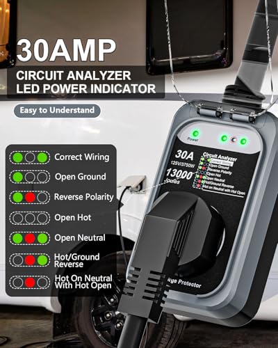 Image of RV Surge Protector 30 Amp, 13000 Joules Circuit Analyzer for Camper | RV Adapter Plug with Waterproof Cover for Travel Trailers (30AMP-Grey)
