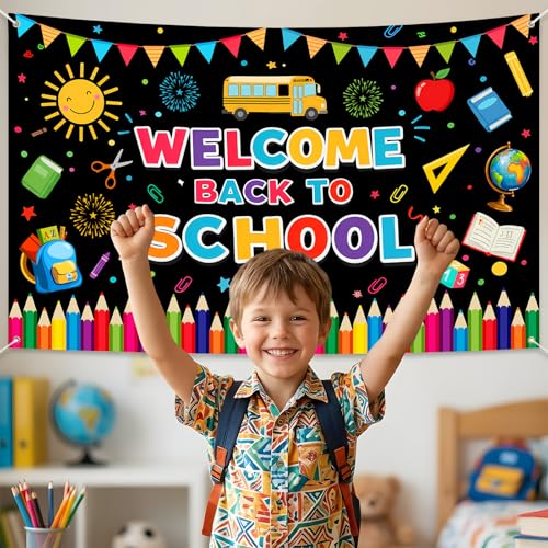 Back to School Banner Backdrop 5.9x3.6Ft Colorful Pencil Welcome Back to School Photo Backdrop Party Decorations Yellow Sun Bus First Day of Preschool Photography Background 71inch×43inch(Polyester) — view 2