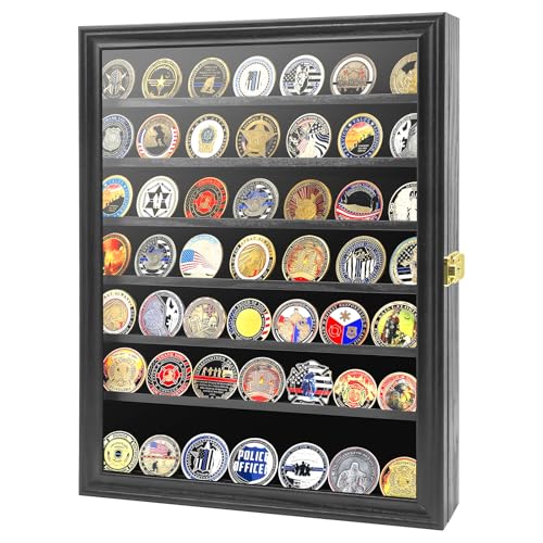 Image of Challenge Coin Display Case, 7 Rows Lockable Military Coin Display Cabinet with UV Acrylic Door, Removable Shelves & Felt Background, Large Shadow Box