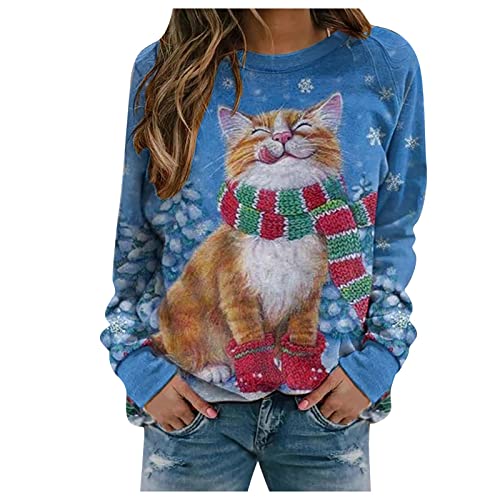 Ugly Jultröja dam, rolig, jultröja, långärmad katt, jultröja, långärmad jumper, långärmad tröja, rund hals, jultröja, Stwearshirt utan huva, ledig topp, sport, streetwear, blå, 3XL
