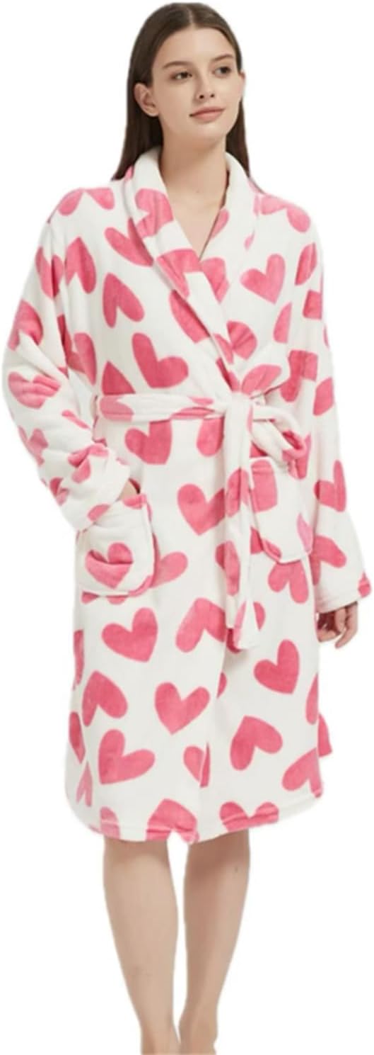 Women's Pink Heart Printed Wrapped Belted Flannel Lounge Robe, Casual Pocket Shawl Collar Thermal Robe