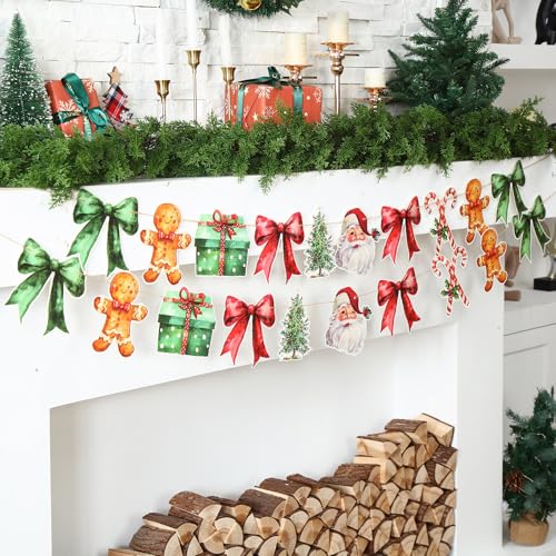 Image of Oudain 2 Pack Christmas Paper Garland 6.56 ft Red Green Christmas Tree Santa Claus Candy Cane Gingerbread Man Bow Hanging Bunting Banner Flags for Xmas Party Decorations Birthday Home Office Decor
