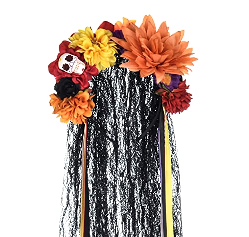 Ddazzling Day Of The Dead Floral Headband Dia De Los Muertos Costume Halloween Flower Headpiece (Orange Yellow Red Flower) #TOP2