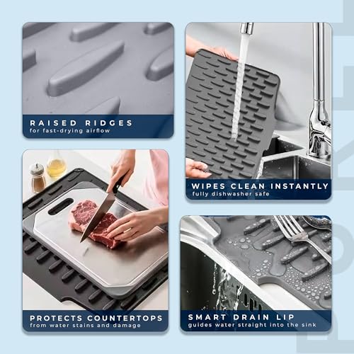 Image of PUREL Living - Premium Silicone Dish Drying Mat, Heat-Resistant Kitchen Counter Protector with Built-in Drain Lip, Non-Slip Dishwasher Safe Mat for Pots, Pans, Utensils