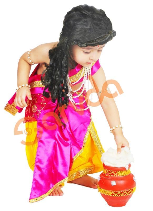 Image of Sarvda Krishna & Radha Dress for Kids - Complete Janmashtami Costume Sets with Dhoti /Lehenga, Mukut, Mor Pankh, Bansuri & Accessories | Fancy Dress for Baby Boys & Girls