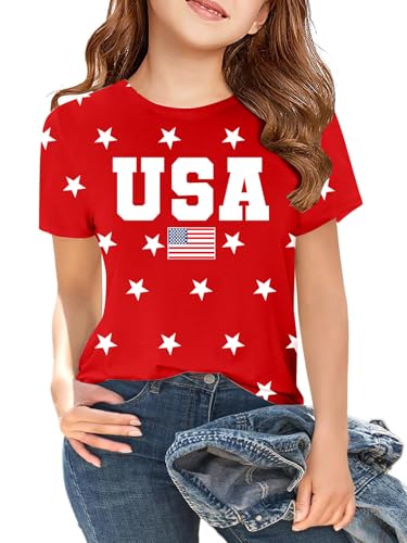 Image of CAZYCHILD Girls American Flag Patriotic Shirt Boys 4th of July Short Sleeves Tshirt USA Clothes for Kids 5-14Y
