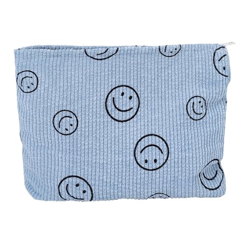 HFZRZFH Elegante bolsa de maquiagem de veludo cotelê para mulheres - design de rosto sorridente, fecho de zíper, organizador de cosméticos e carteira em um - presente para mãe e irmãs, Azul