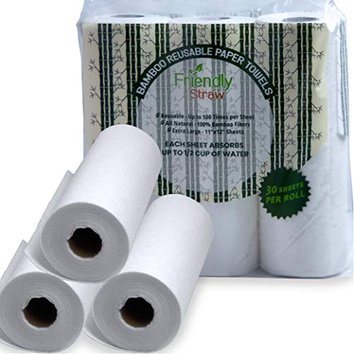 Bamboo Paper Towels Reusable – Washable Paper Towels Made from 100% Natural Bamboo – Eco-Friendly, Chemical-Free, Sustainable & Super Absorbent (3 Rolls, 90 XL Sheets)