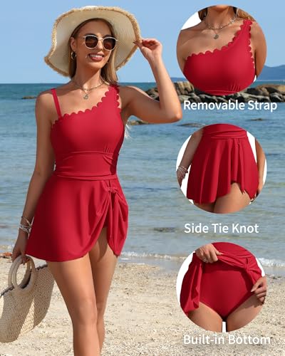 Image of Charmo One Shoulder One Piece Swimsuit Women Tummy Control Bathing Suit with Skirt Tie Knot Cute Scalloped Swimdress