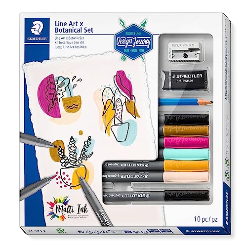 STAEDTLER Line Art & Botanical Set Design Journey, 10-teiliges Set für Line Art in botanisch inspirierten Farben, pigment brush pens in sortierten Farben, Bleistift, Radierer, Anspitzer, 61 371-2