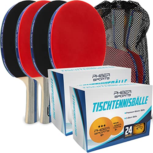 PHIBER-Sports Mega Table Tennis Set, 4 Raquetas de Tenis de Mesa + 24 Pelotas de Tenis de Mesa Naranja de 3 Estrellas + 24 Pelotas Blancas de 3 Estrellas + 8 Pelotas TT + Bolsa de Transporte Cover