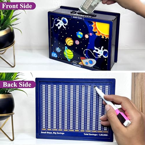 Image of Sketchfab Money Saving Box for Adult 100000, Wooden with Savings Tracker Bank Kids, Smart Piggy Bank, Box, Coin Box,Gullak Saver,Piggy Rs100000 Home Deal Gift Man, Women (Space)