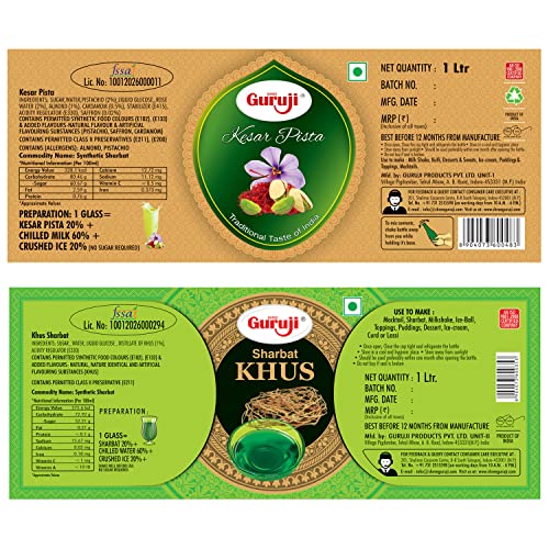 Image of Shree Guruji Kesar Pista Dry Fruit Syrup & Khus Sharbat Combo Pack Sizzling Beverage Instant Refreshing Drink for Summer Sizzling (1 Litre)
