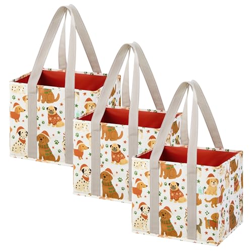 VENO 3 Pack Reusable Grocery Bags Shopping Bags for Groceries Tote with Handles and Hard Bottom Foldable Shopping Cart Organizer Water Resistant Heavy-Duty (Holiday Pups 6 Gallon)