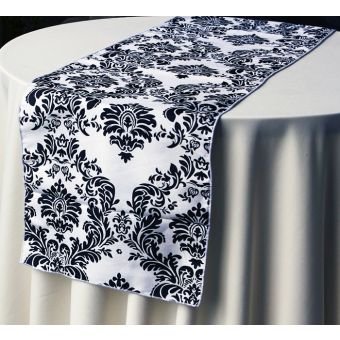 20 Black & White Satin Charmeuse Damask Table Runner 106" X 16"