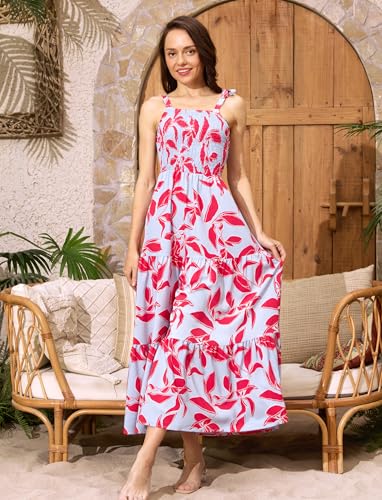 Image of PATPAT Couples Matching Hawaiian Outfits: Beach Vacation Tropical Print Women Spaghetti Strap Maxi Dress or Men Cruise Shirt