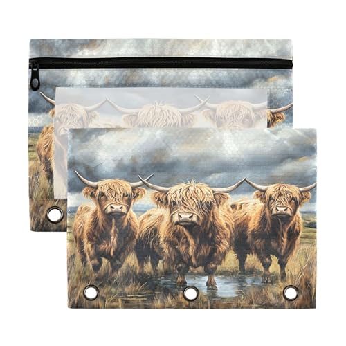 Sevdomey Highland Cows - Estuche de 3 anillas con ventana transparente, paquete de 2 sobres con cremallera para oficina, vacas de Highland, 7,08 x 9,85 pulgadas, porta lápices, Vacas de las Highland,