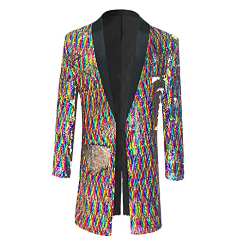 Mens Shiny Rainbow Laser Sequin Extra Long Suit Jacket Shawl Collar Glitter Cardigan Jackets