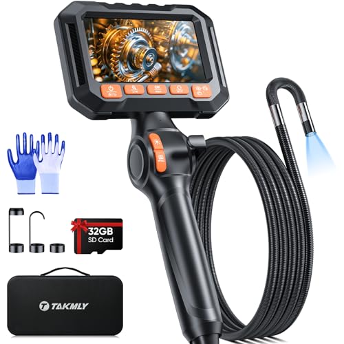 T Takmly Two-Way Articulating Borescope Camera, 0.33in Industrial Endoscope Inspection Camera with LED Light, 4.3'' IPS 1080P HD Screen, 5.5FT Flexible Snake Bore Scope for Automotive Wall Mechanics
