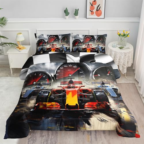 Smell Sunshine Racing Theme Comforter Set Racing car Extreme Sports Competition Quilt Sets with 1 Comforter and 2 Pillowcases for Kids Boys Bedroom All Season（Race Car-2 Twin）