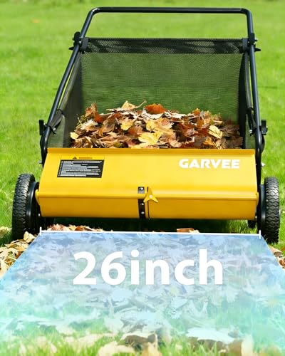 Image of Push Lawn Sweeper, 26 Inch Extra-Wide 4-Brush System, 7 cu.ft. Mesh Bag, Heavy Duty Steel Frame, Height-Adjustable Yard & Garden Cleaner for Leaves and Grass, Yellow