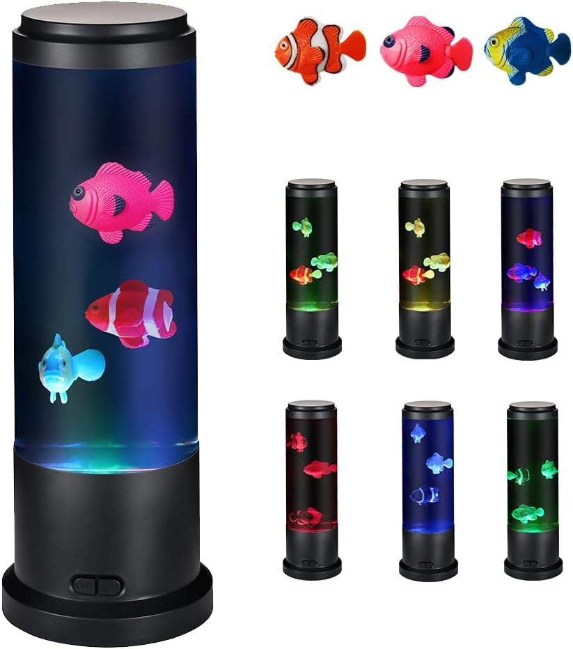 Meloki 11 inch Fish Lamp, LED Fake Aquarium Tank with Moving Fish, Color Changing Fack Fish Tank for Home Office Decor Great Gifts for Kids