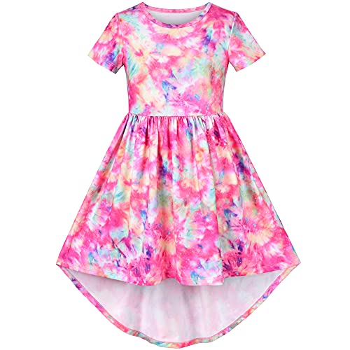 Sunny Fashion Girls Dress High-Low Fairy Hem Tie-dye Style Casual Short Sleeve