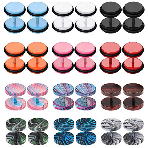 FUNRUN JEWELRY 12 Pairs Fake Gauges Plugs Earrings for Women Men Circle Flat Stud Earrings Tunnels Expander Faux Ear Plugs