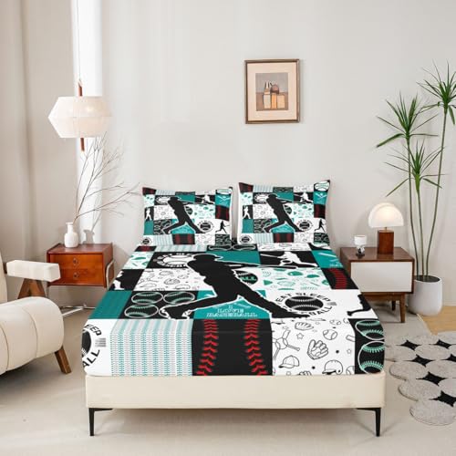 Image of Castle Fairy Baseball Player Fitted Sheet Set Full Size 4 Pcs,Patchwork Baseball Teens Sheets,Sports Geometric Grid Green Bedding Sets (1 Fitted,1 Flat,2 Pillowcases)