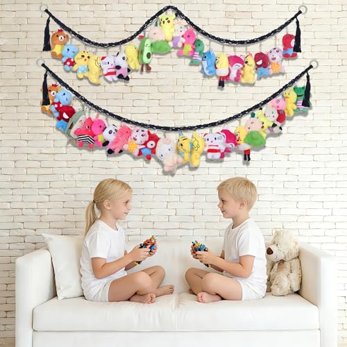 Image of 2PCS Stuffed Animals Storage Chain Organizers 80 inch Cotton Hanging Storage Chain with 40 Metal Clips Stuffed Animal Display Holder Chain for Wall or Corner Nursery Play Room (Black)