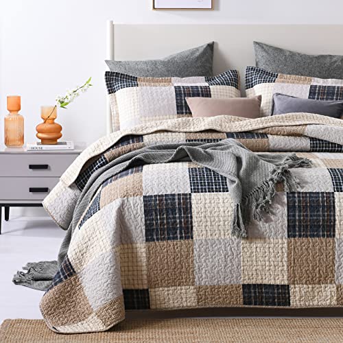 Image of Finlonte Quilt - 100% Cotton Queen Size Bedspreads, Brown Plaid, Lightweight, 3-Pieces