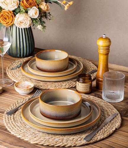 Image of TheTerra Ceramic Dinnerware Sets for 4, 12 Pieces Porcelain Lightweight Plates and Bowls Sets, Scratch Resistant Dish Set, Oven & Microwave & Dishwasher Safe, Creamy Amber