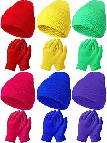 Handepo 12 Pieces Beanies Gloves Set 6 Pieces Warm Beanie Hats 6 Pairs Knit Thermal Gloves Unisex Winter Gloves for Boys Girls Kids Cold Weather