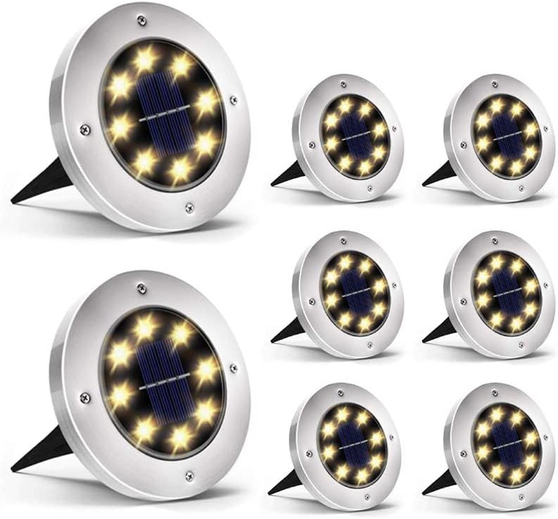 LukAro Solar Ground Lights,8 LED Garden Lights Waterproof IP65 Patio Disk Lights In-Ground Outdoor Landscape Lighting for Lawn Patio Pathway Yard Deck Walkway Pack of 8 Cool White