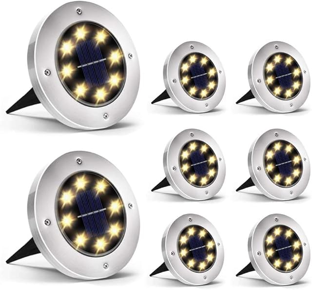 LukAro Solar Ground Lights,8 LED Garden Lights Waterproof IP65 Patio Disk Lights In-Ground Outdoor Landscape Lighting for Lawn Patio Pathway Yard Deck Walkway Pack of 8 Cool White