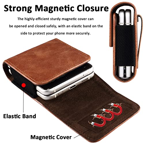 Miimall For Samsung Galaxy Z Flip 4 / Z Flip 3 Phone Pouch Holster Belt Case, Leather Pouch With Metal Clip+Magnetic Closure For Phone Holster For Galaxy Z Flip 4,Z Flip 3,Z Flip,Motorola Razr-Brown #TOP4