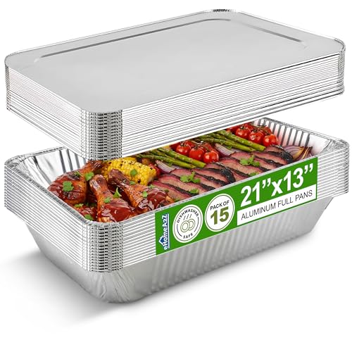 Aluminum Pans With Lids, Large Full Size 21x13x3 Disposable Foil Pans, Heavy Duty Roasting, Baking, Broiling, Catering & Chafing Pans (15, Full-Size w/Lids)
