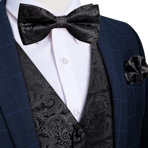 Image of DiBanGu Mens Paisley Suit Waistcoat,Silk Dress Vest and Bowtie Pocket Square Cufflinks with Lapel Pin Set for Wedding Tuxedo