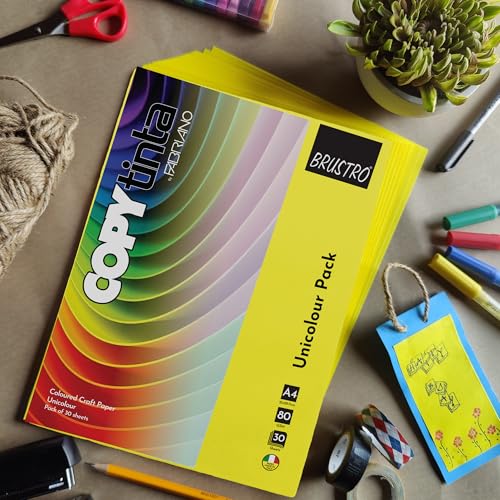 Image of BRUSTRO Copytinta Coloured Craft Paper A4 Size 80 GSM Bright Yellow Shade (Giallo), 60 Sheets Pack | Double Side Colored, Ideal for Origami, Scrapbooking, Making Card, DIY Art & Craft.