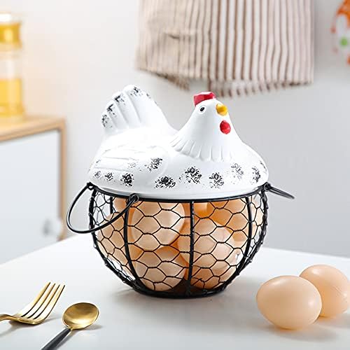 KOERIM Chicken Egg Basket Wrought Iron Basket with Lid Kitchen Storage Egg Collecting Basket Kitchen Basket Metal Wire Egg Holder Storage Baskets