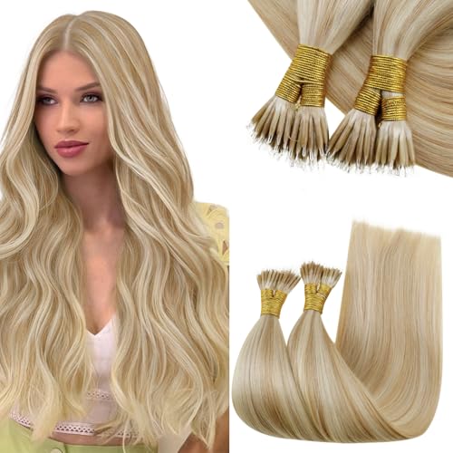 RUNATURE 22 Inch Nano Hair Extensions Real Human Hair Blonde Highlight Ash Blonde Nano Beads Hair Extensions Human Hair Invisible Nano Beads Hair 50s/50g #18p613