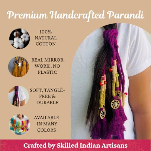 Image of Zippy Flora Neelima Cotton Parandi (Purple) | Traditional Boho Handmade Paranda Hair Accessory with Braid Tassels | Women's Ethnic Hair Extension for Choti, Braids & Patiala Shahi Hairstyles