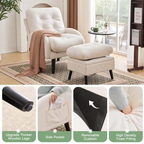 SENYUN Accent Chairs with Ottoman, Upholstered Comfy Armchair, Reading Chair Recliners with Adjustable Backrest & Storage Footrest, Lazy Chair for Livingroom, Bedroom(Teddy Fabric - White) - Thumbnail 5